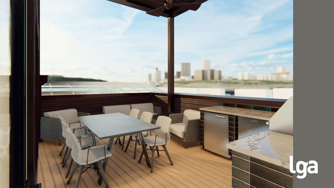 Updated rooftop terrace with outdoor kitchen and seating