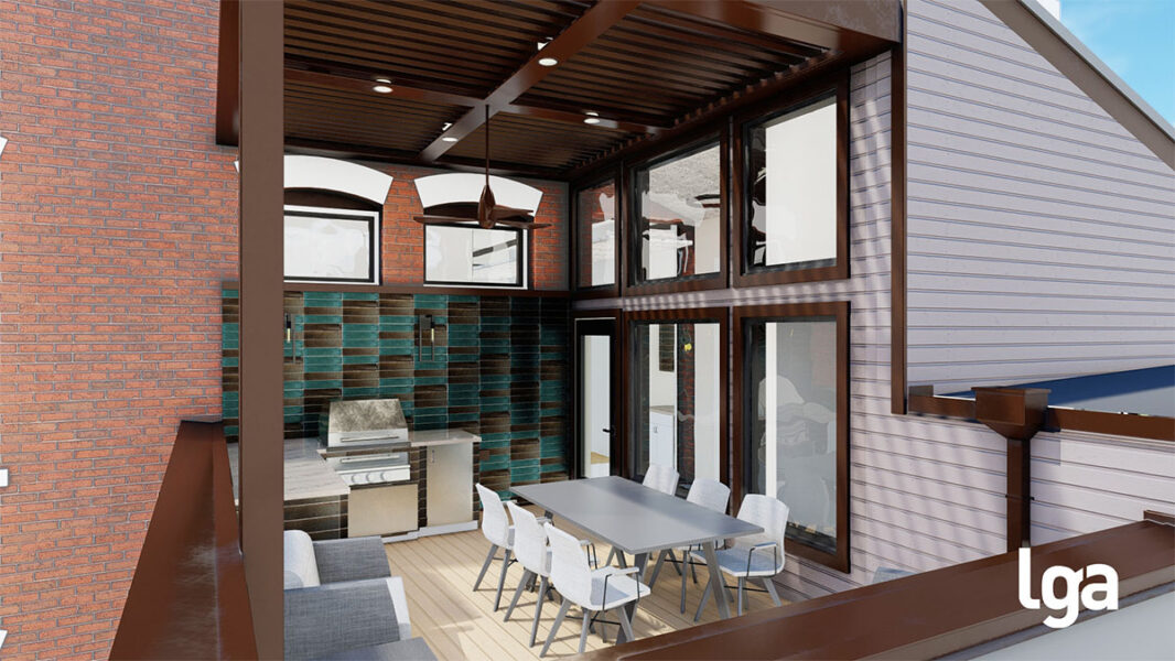 Updated rooftop terrace with outdoor kitchen and seating